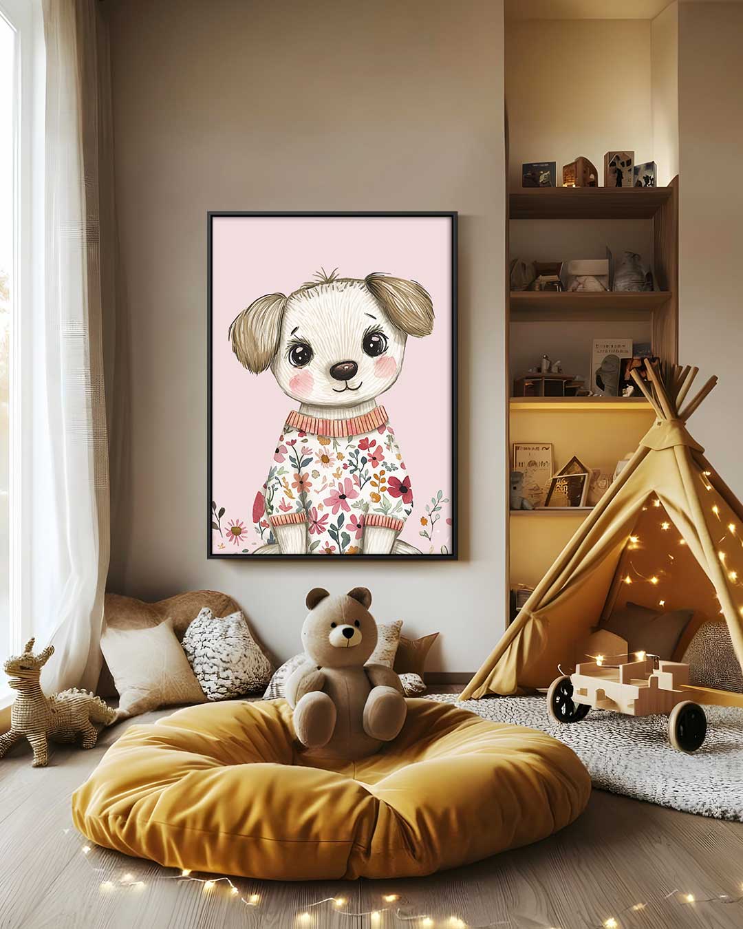 Schattig Bloemenhondje Kunstwerk-canvas-dibond-plexiglas-wanddecoratie-WallArtistic
