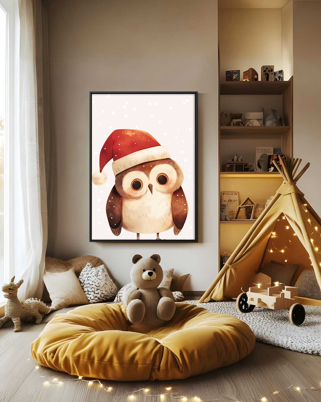 Schattige Uil met Kerstmuts Kunstwerk-canvas-dibond-plexiglas-wanddecoratie-WallArtistic