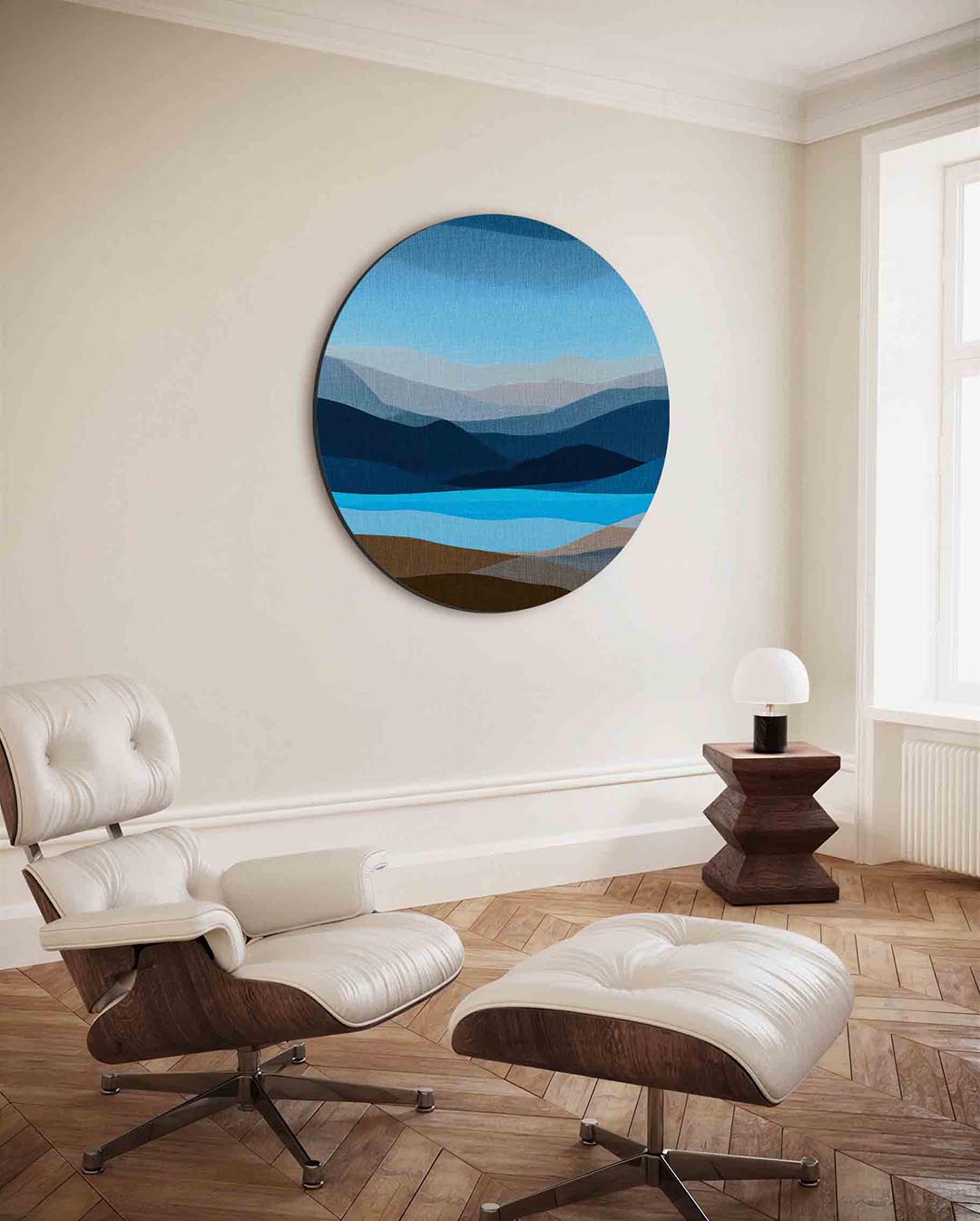 Landschap in blauw en bruin Muurcirkel