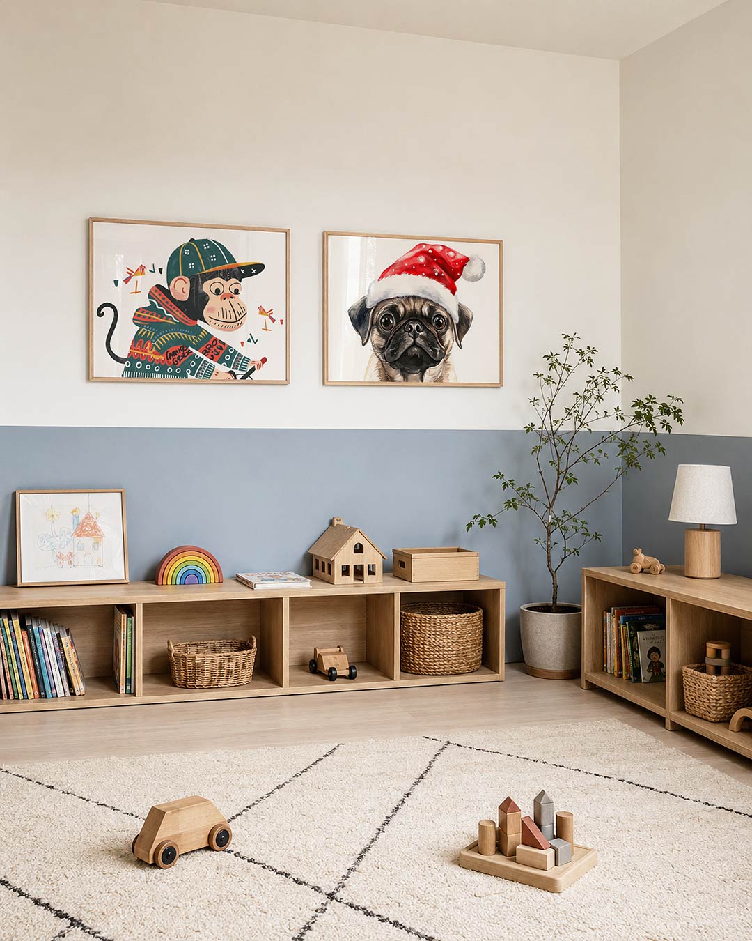 Tweedelige posterset met een speelse aap met een pet en kleurrijke trui, getoond in een interieur