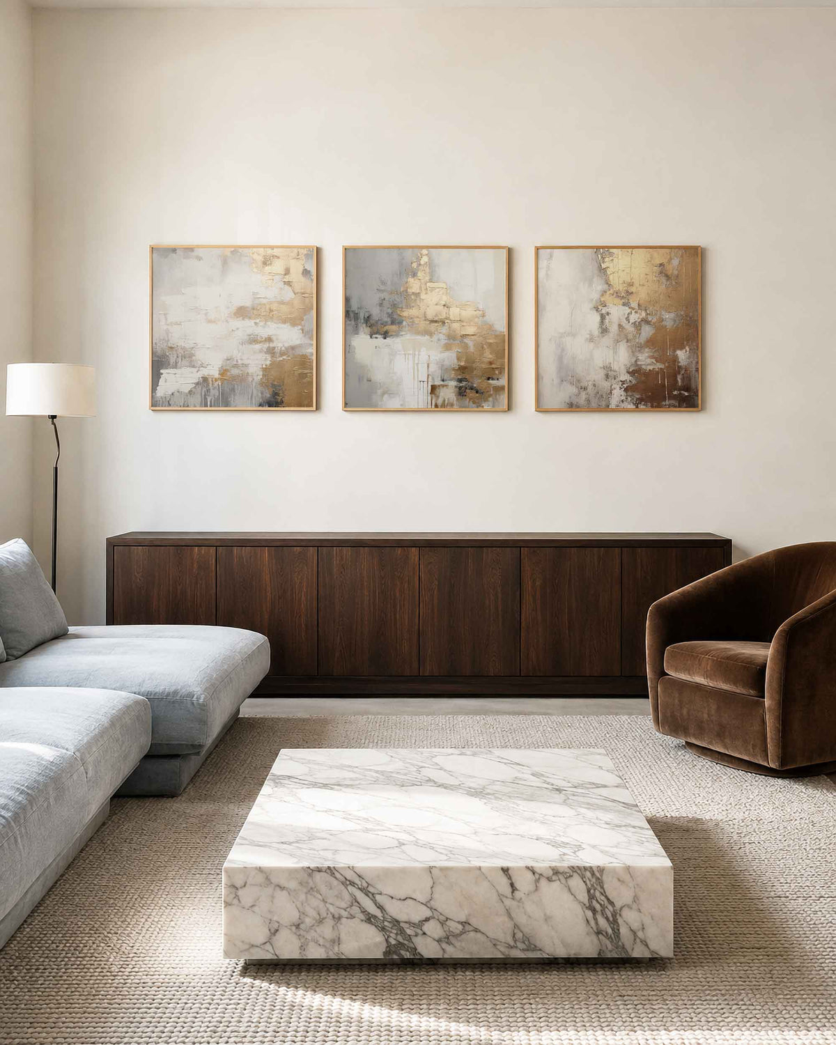 Interieurpresentatie van een driedelige vierkante posterset met aardetinten abstract