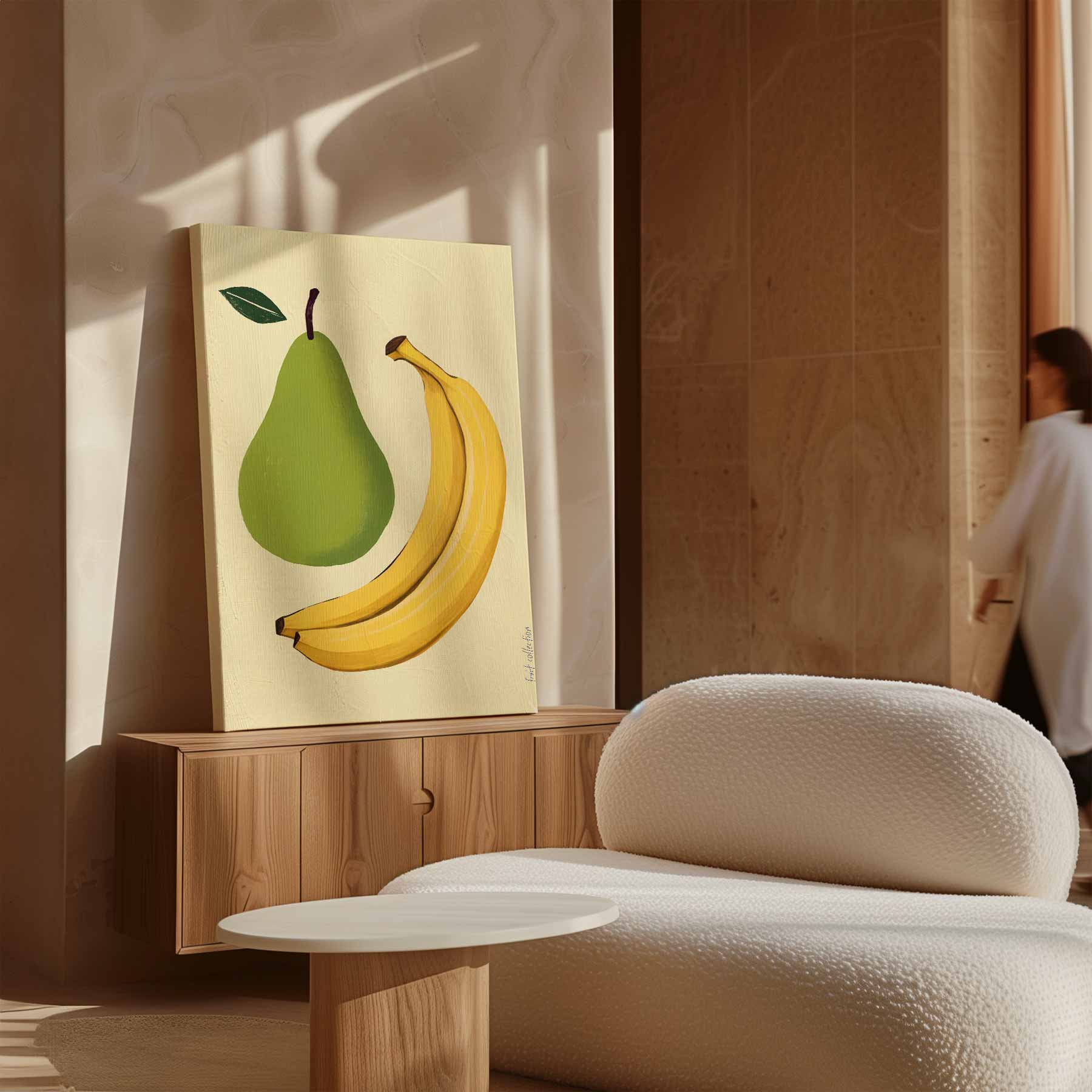 Speelse Perens en Bananen Illustratie Kunstwerk-canvas-dibond-plexiglas-wanddecoratie-WallArtistic