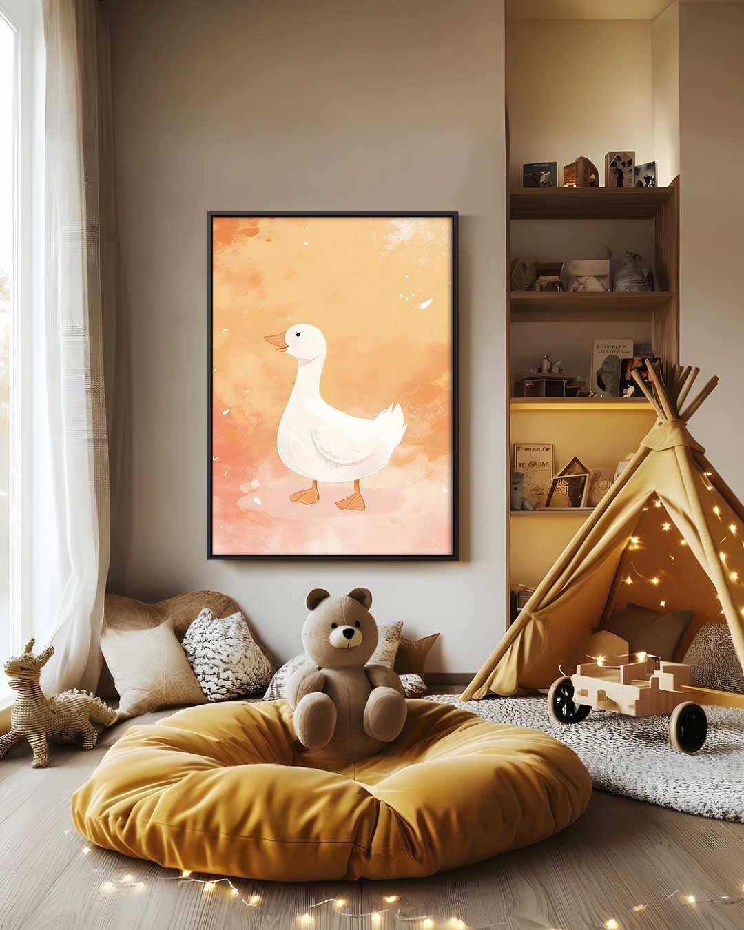 Vrolijke Eend op Oranje Achtergrond Kunstwerk-canvas-dibond-plexiglas-wanddecoratie-WallArtistic