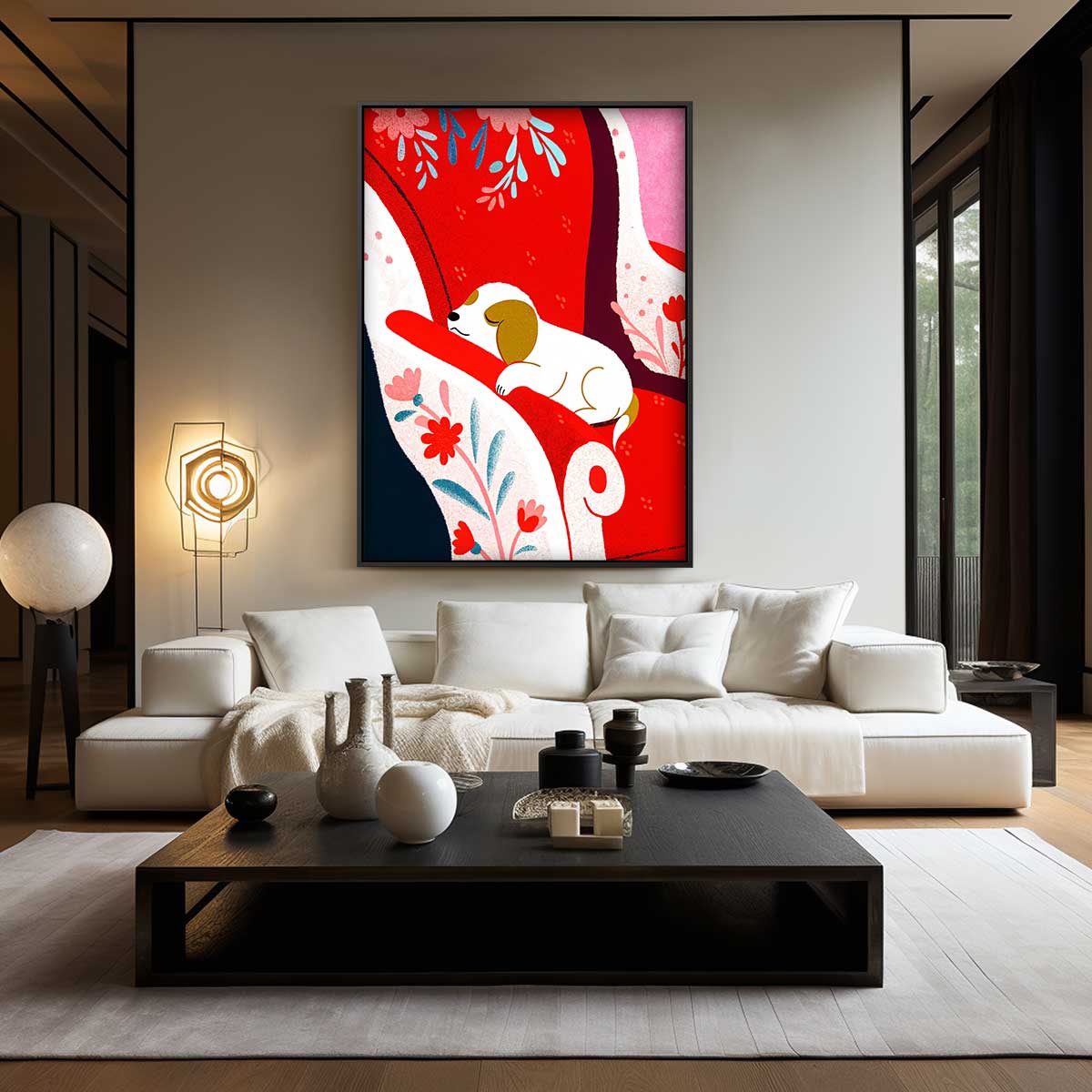 Dromerige Hond op Rode Stoel Kunstwerk-canvas-dibond-plexiglas-wanddecoratie-WallArtistic