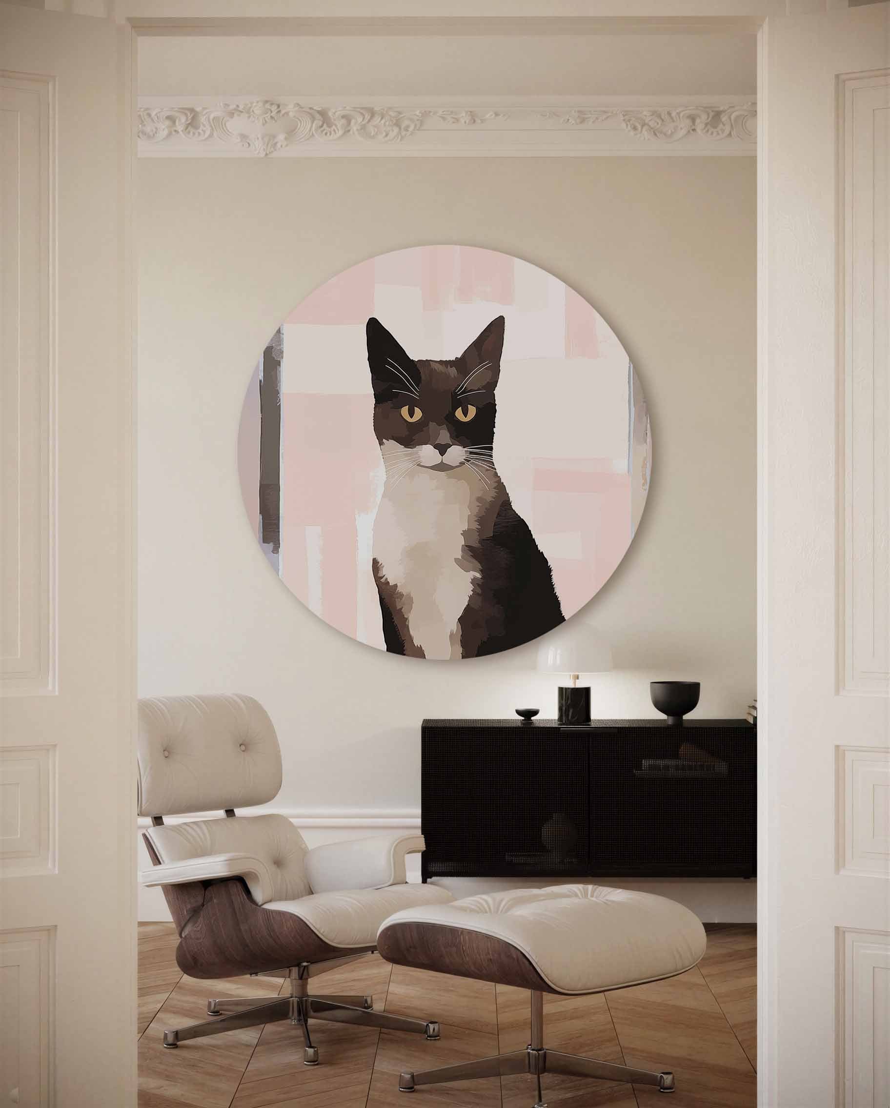 Kat met roze achtergrond Muurcirkel