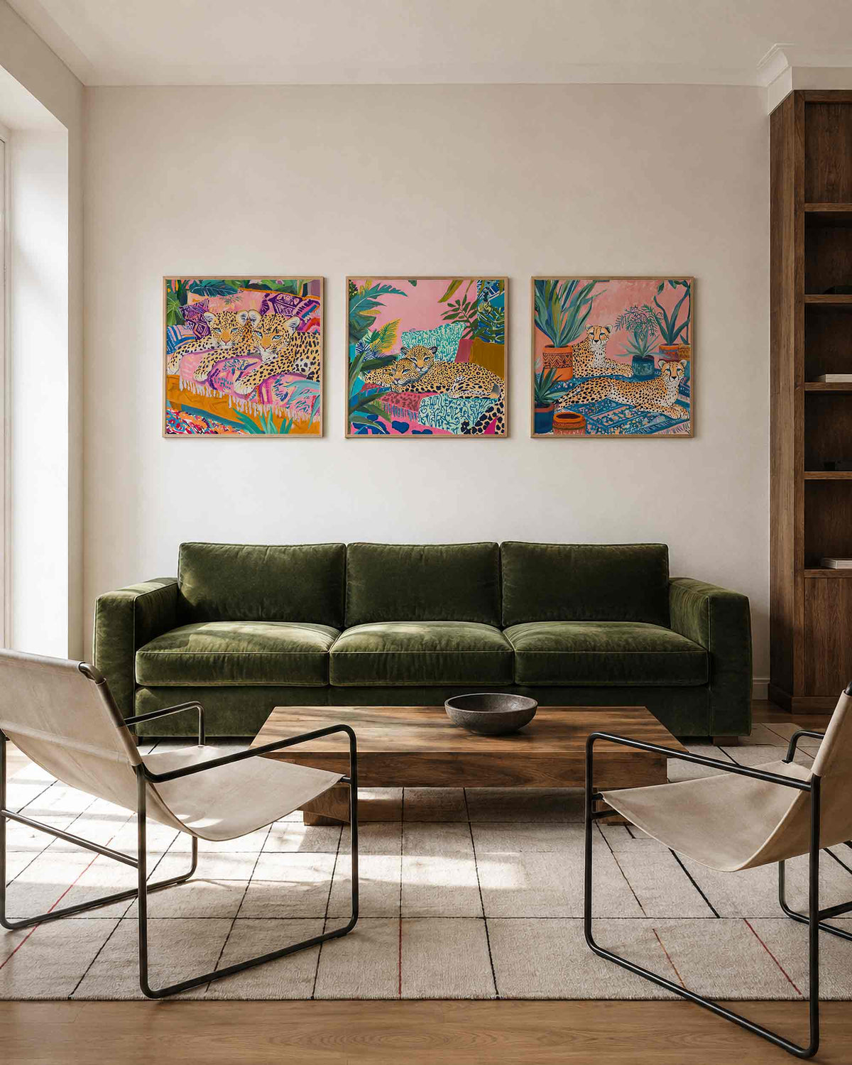 Interieurpresentatie van een driedelige vierkante posterset met luipaarden in tropisch decor