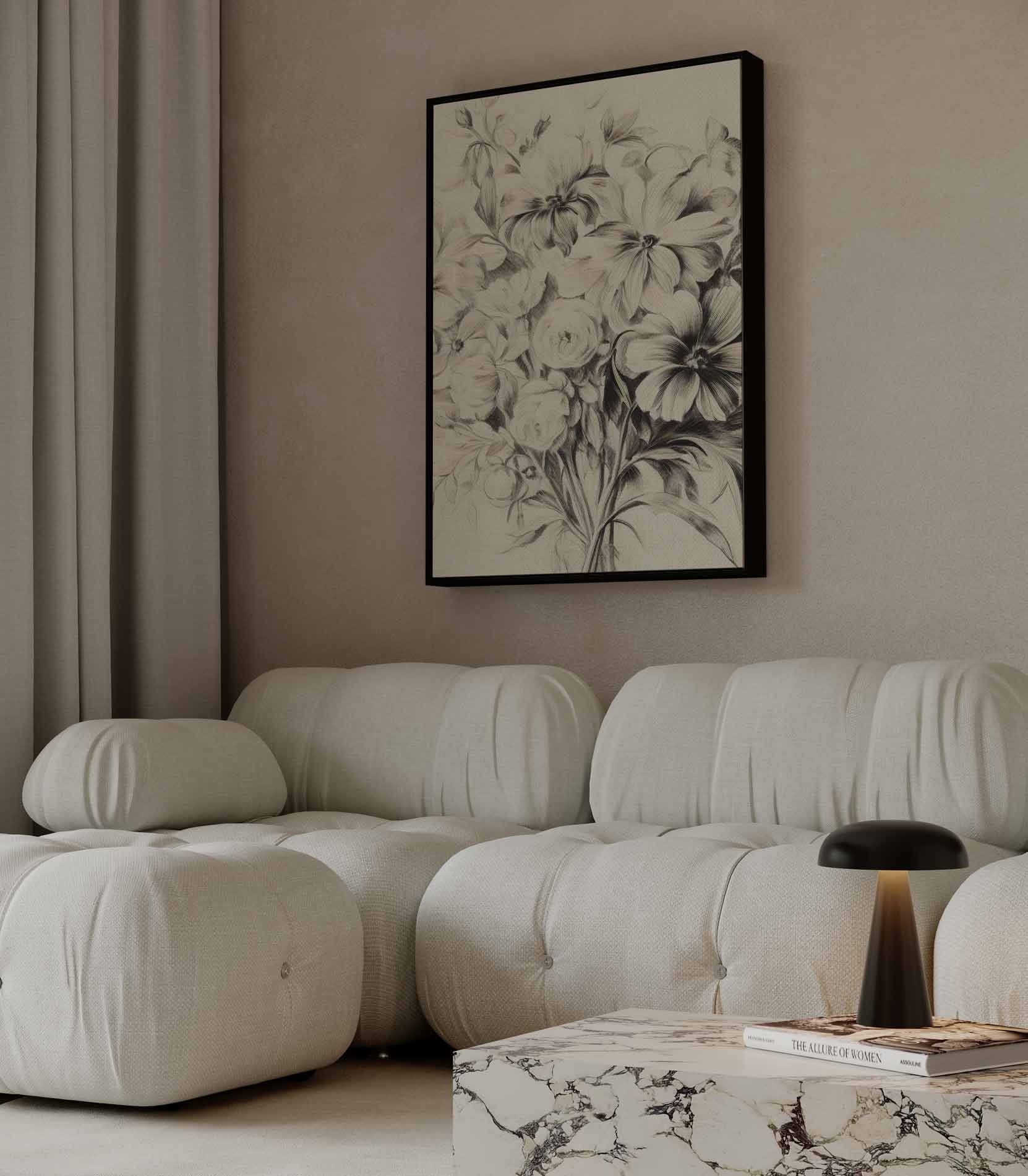 Elegante Bloemenpracht in Potlood Kunstwerk-canvas-dibond-plexiglas-wanddecoratie-WallArtistic