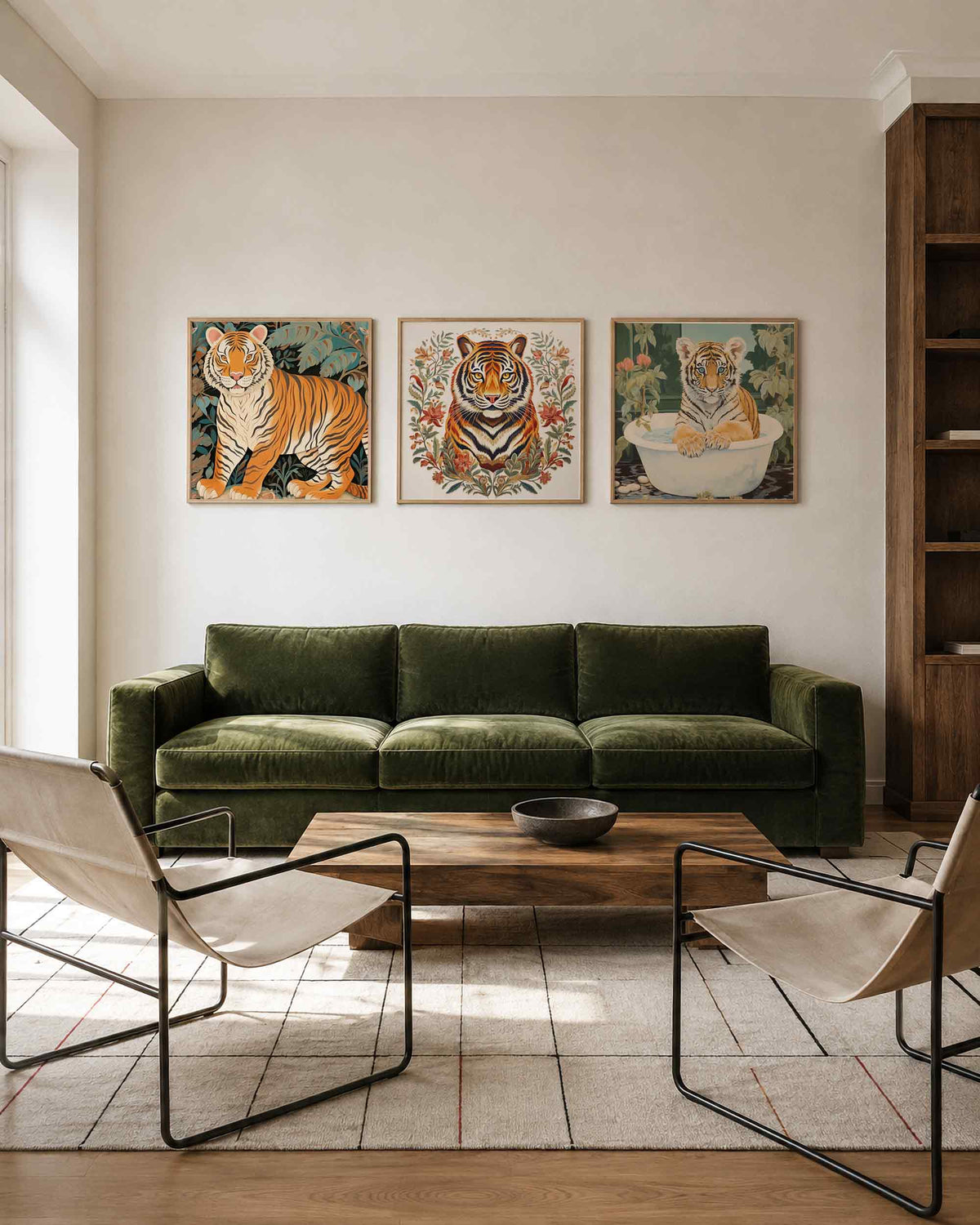 Interieurpresentatie van een driedelige vierkante posterset met tijgers in groen