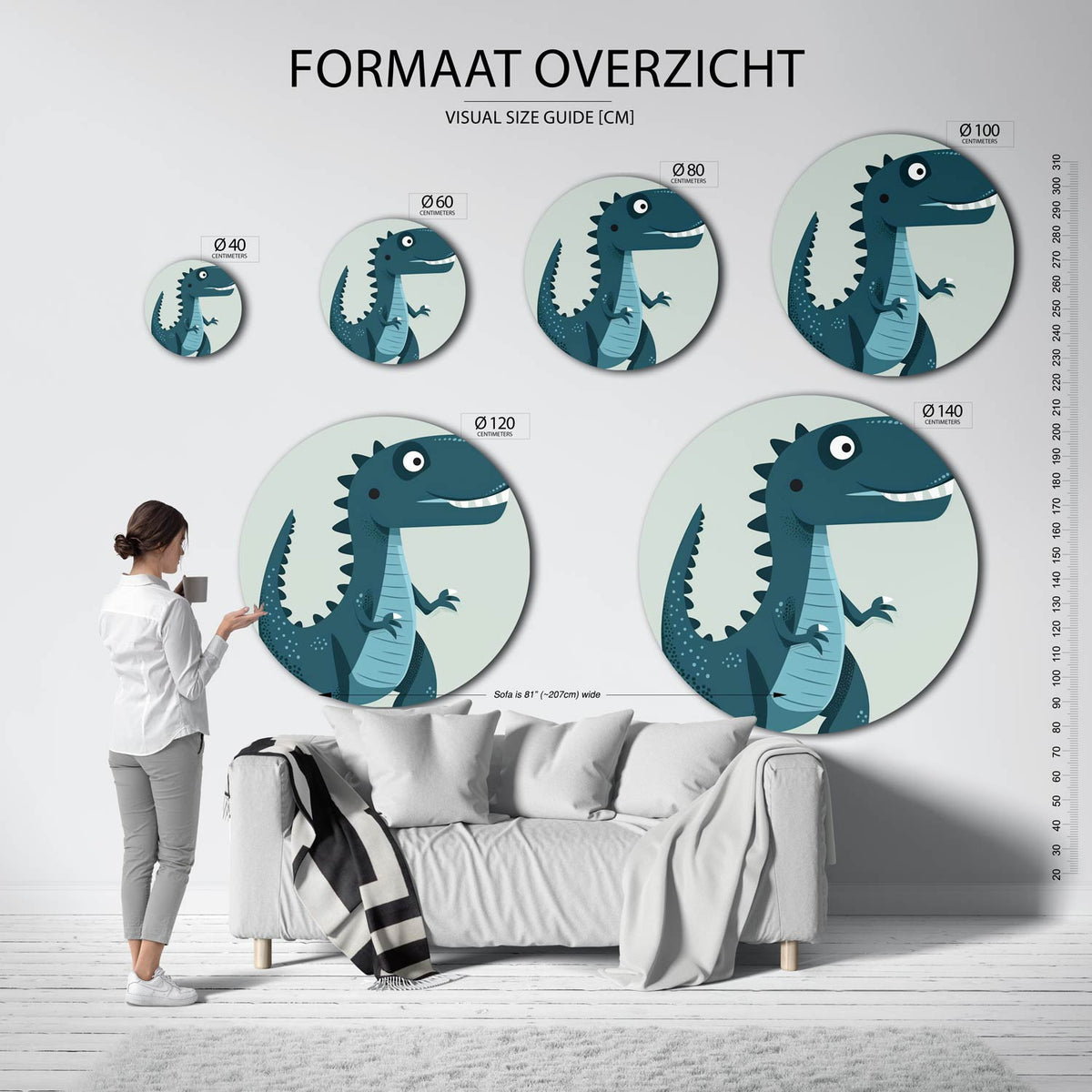 Dinosaurus illustratie Muurcirkel – extra productweergave – Een dinosaurus met een blauwe tint en witte accenten.
