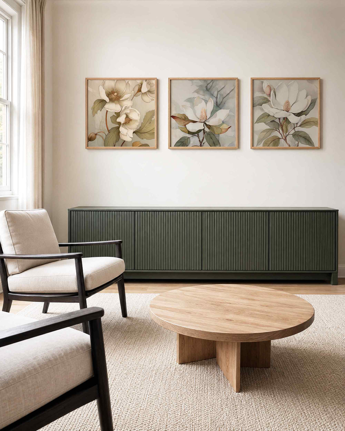 Interieurpresentatie van een driedelige vierkante posterset met magnolia bloemen