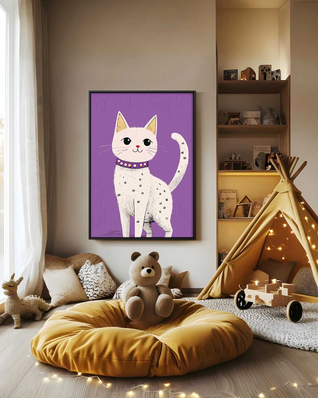 Kat op Paarse Achtergrond Kunstwerk-canvas-dibond-plexiglas-wanddecoratie-WallArtistic