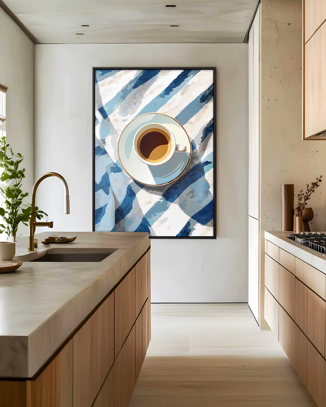 Koffiekopje op Blauw-Wit Doek Kunstwerk-canvas-dibond-plexiglas-wanddecoratie-WallArtistic