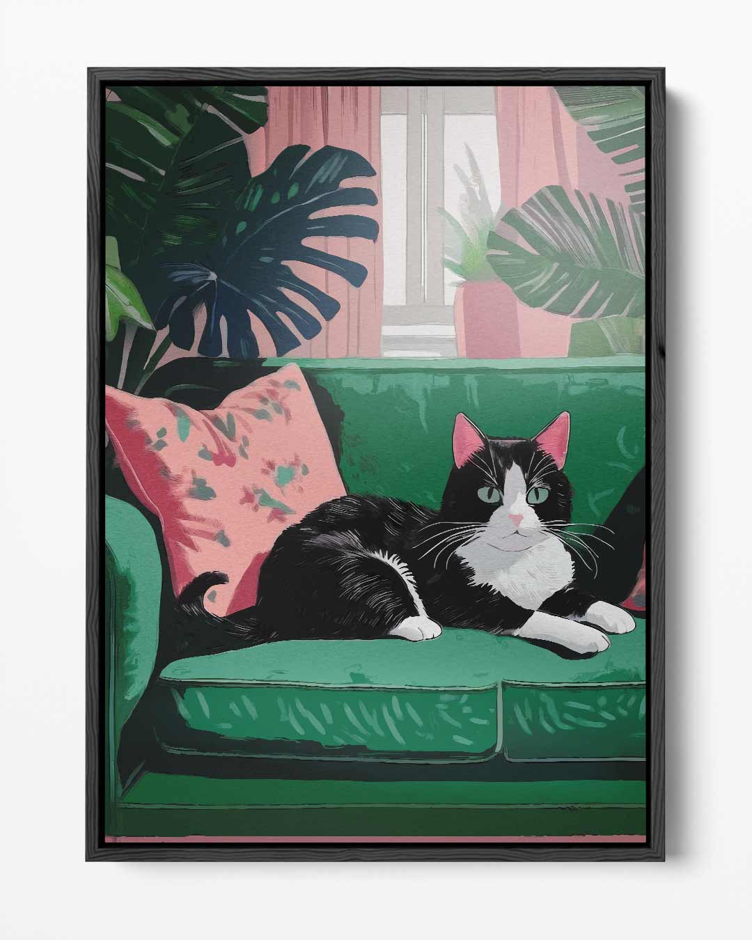 Gezellige Kat op Groene Bank Kunstwerk-canvas-dibond-plexiglas-wanddecoratie-WallArtistic