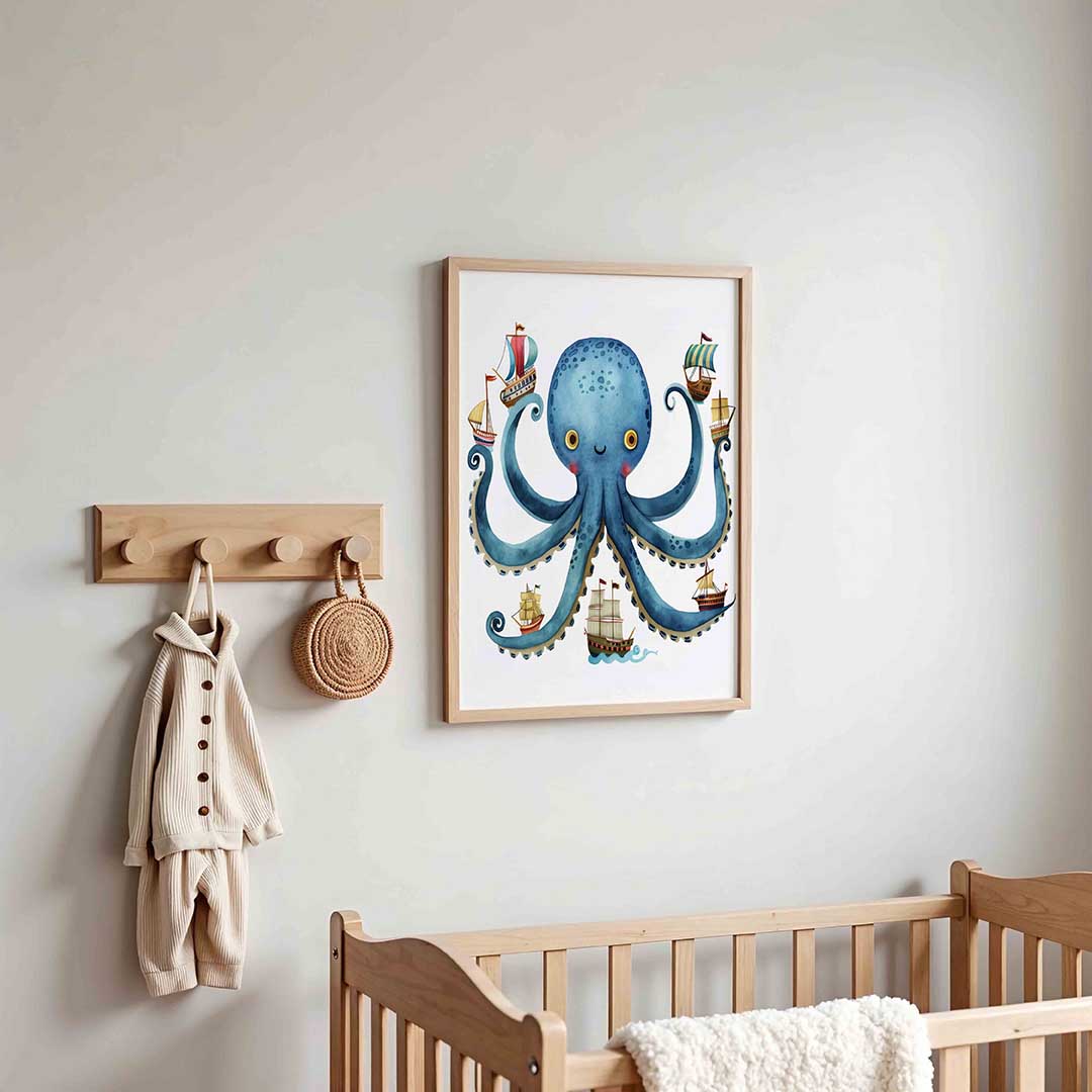 Blauwe octopus met schepen Poster