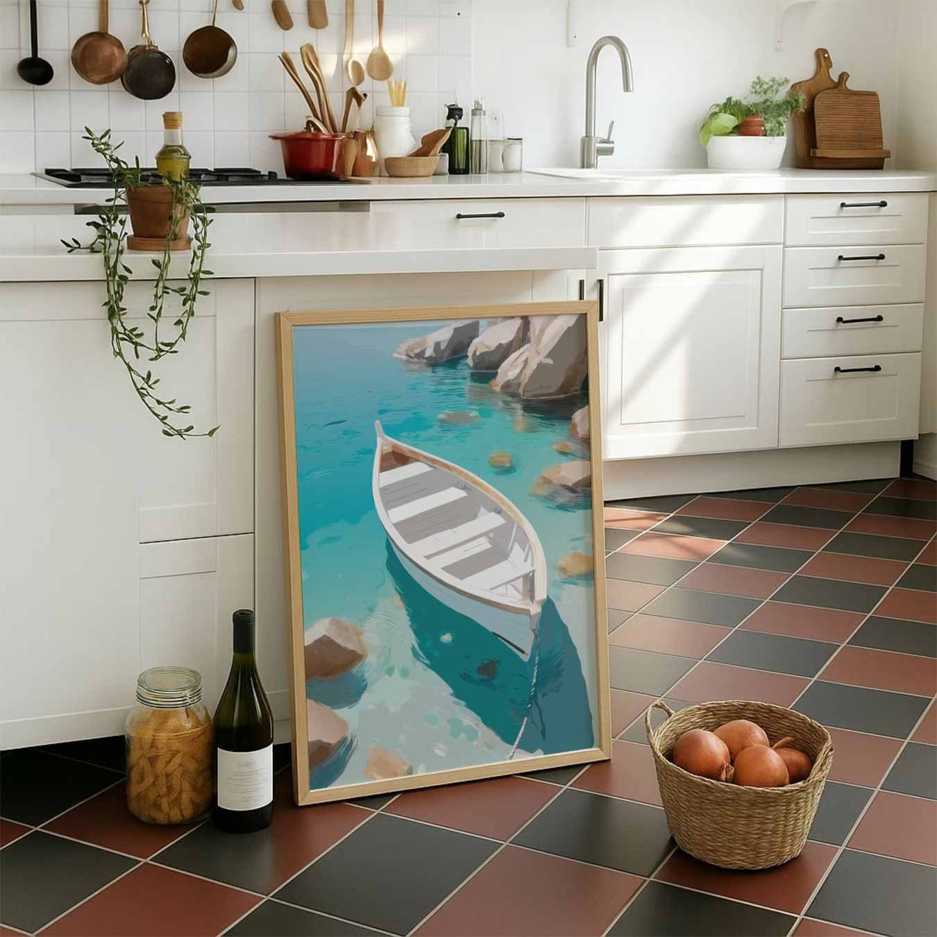 Dromerige Rotsachtige Kust met Boot Poster