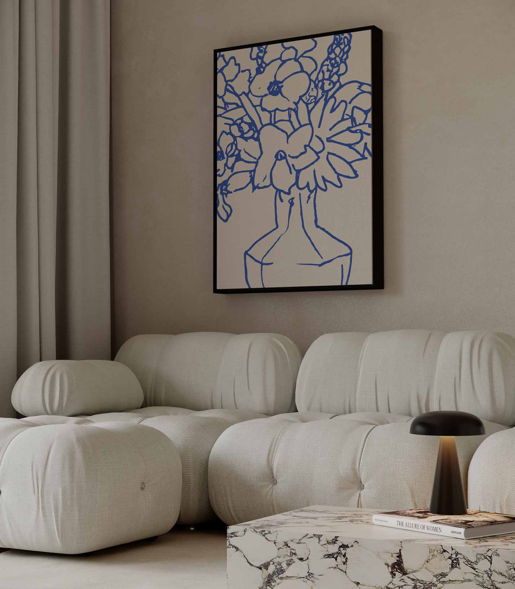 Blaauw Lijnenspel Bloemen Kunstwerk-canvas-dibond-plexiglas-wanddecoratie-WallArtistic