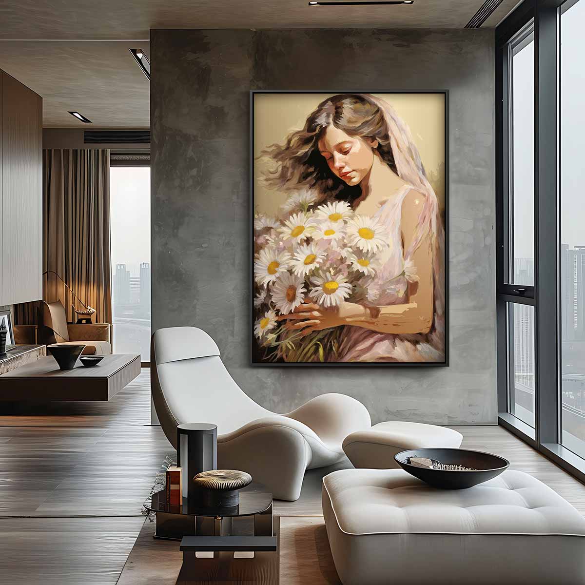 Vrouw met Madeliefjes Kunstwerk-canvas-dibond-plexiglas-wanddecoratie-WallArtistic