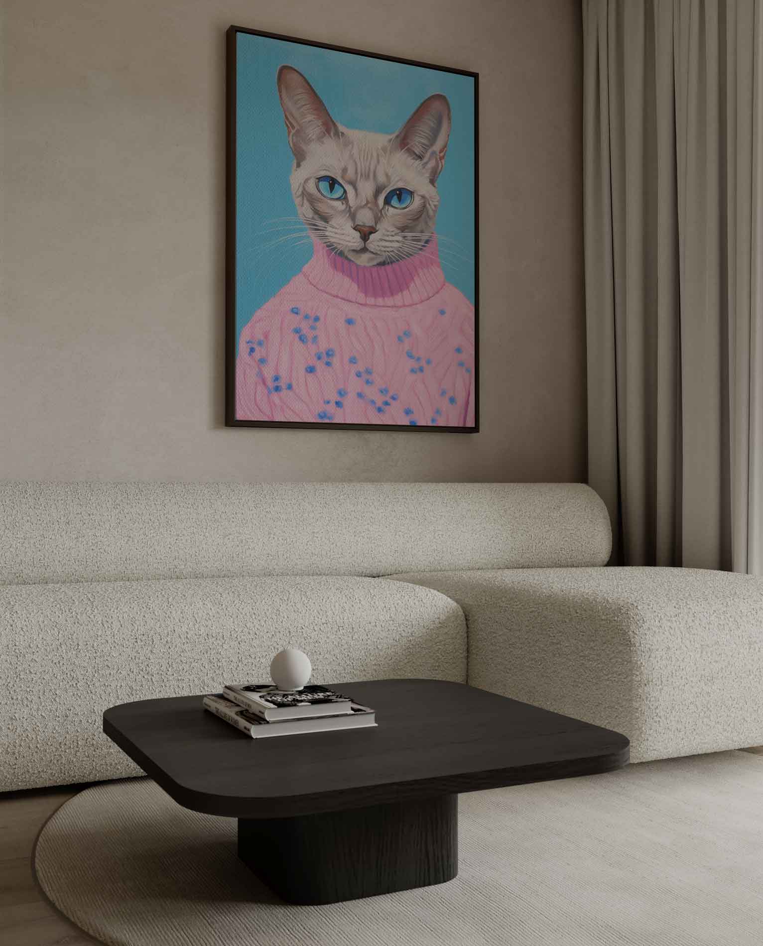 Kat in Roze Trui Portret Kunstwerk-canvas-dibond-plexiglas-wanddecoratie-WallArtistic