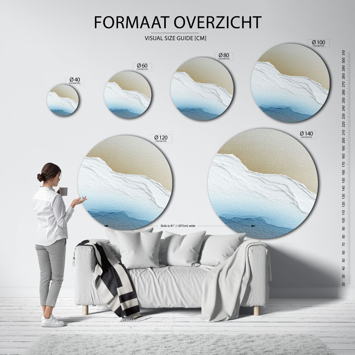 Landschap in blauw en beige Muurcirkel
