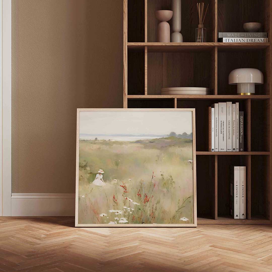 Vrouw in bloemenveld Poster
