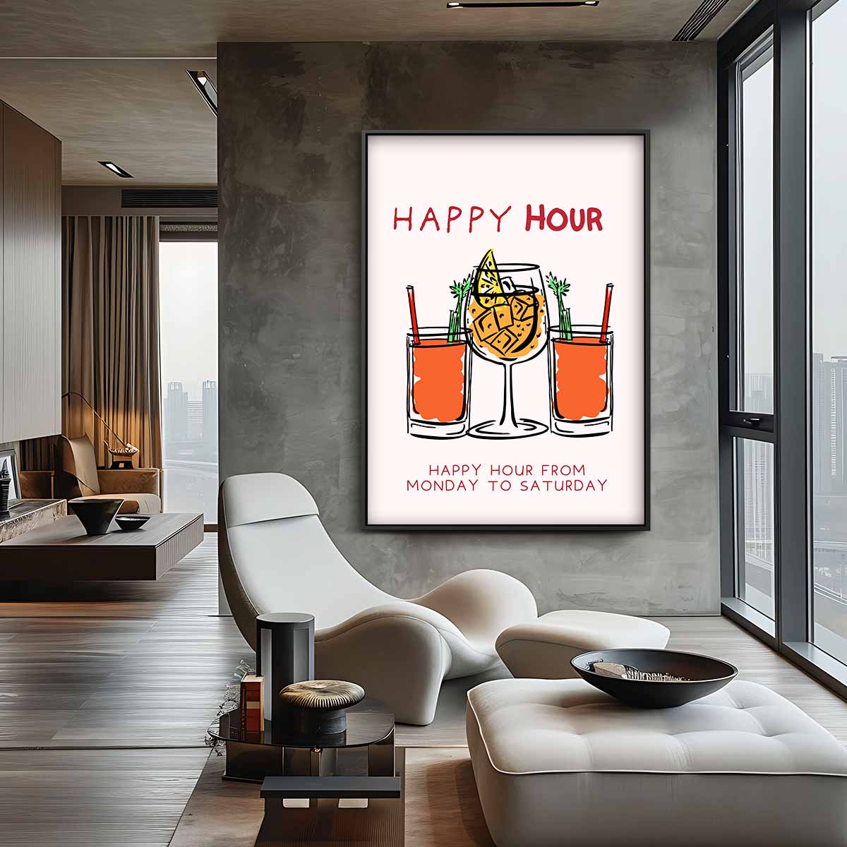 Happy Hour Illustratie Kunstwerk-canvas-dibond-plexiglas-wanddecoratie-WallArtistic