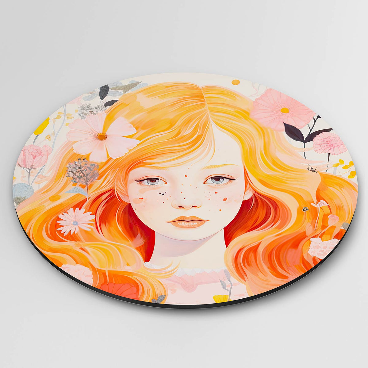 Meisje met bloemen Muurcirkel – detailweergave – Een meisje met oranje haar omringd door diverse bloemen in pastelkleuren.
