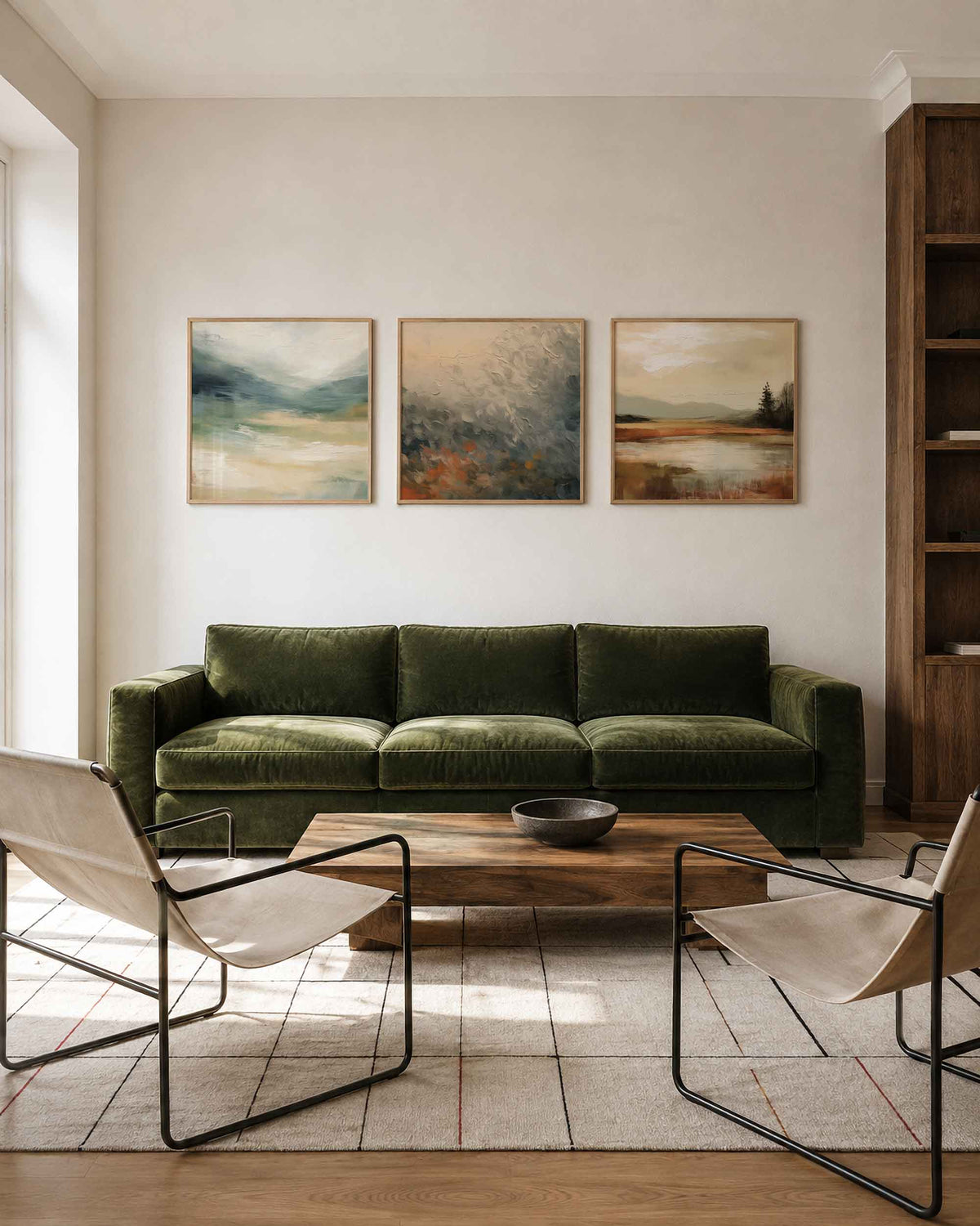 Interieurpresentatie van een driedelige vierkante posterset met abstracte landschappen