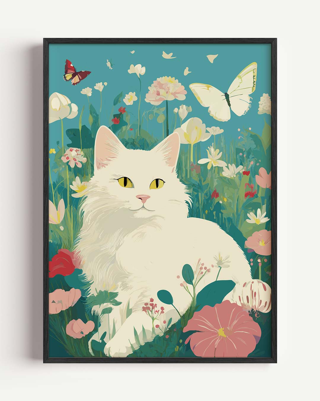 Vrolijke Kat in Bloementuin Poster