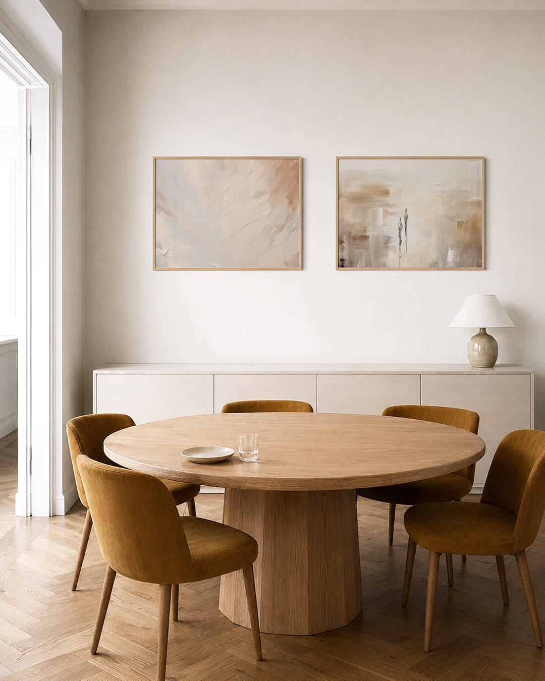 Tweedelige posterset met vloeiende, zachte kleurvlakken in crèmetinten, getoond in een interieur