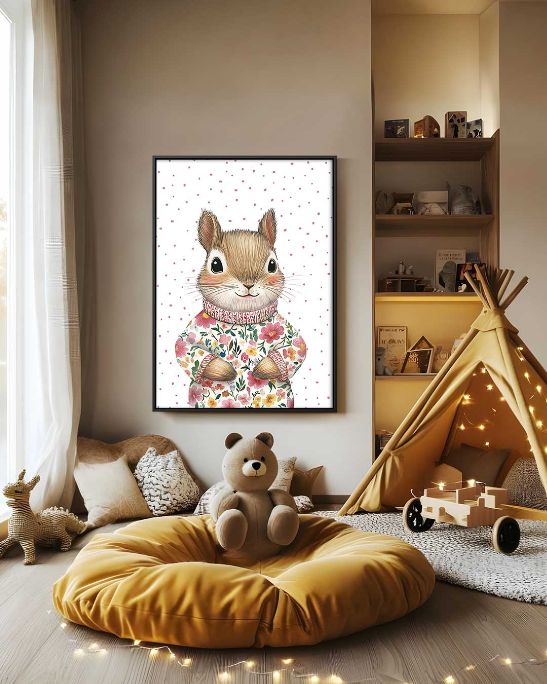 Schattige Eekhoorn in Bloemen Trui Kunstwerk-canvas-dibond-plexiglas-wanddecoratie-WallArtistic