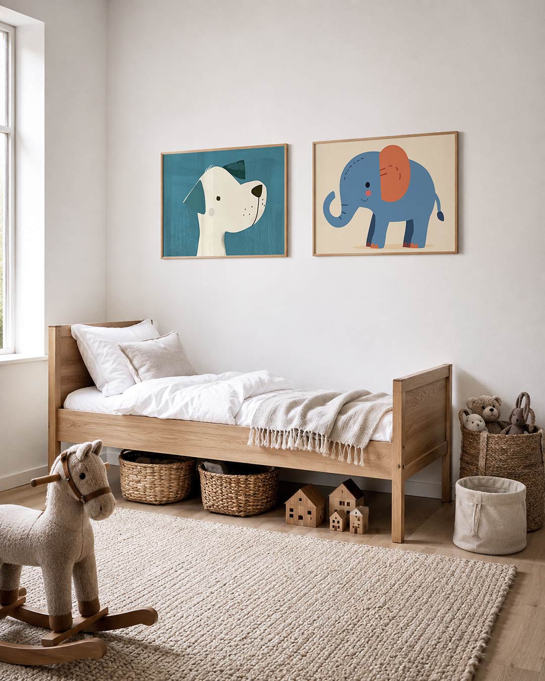 Twee liggende posters met een speelse hond in zijaanzicht met een witte vacht, aan de muur in een interieur