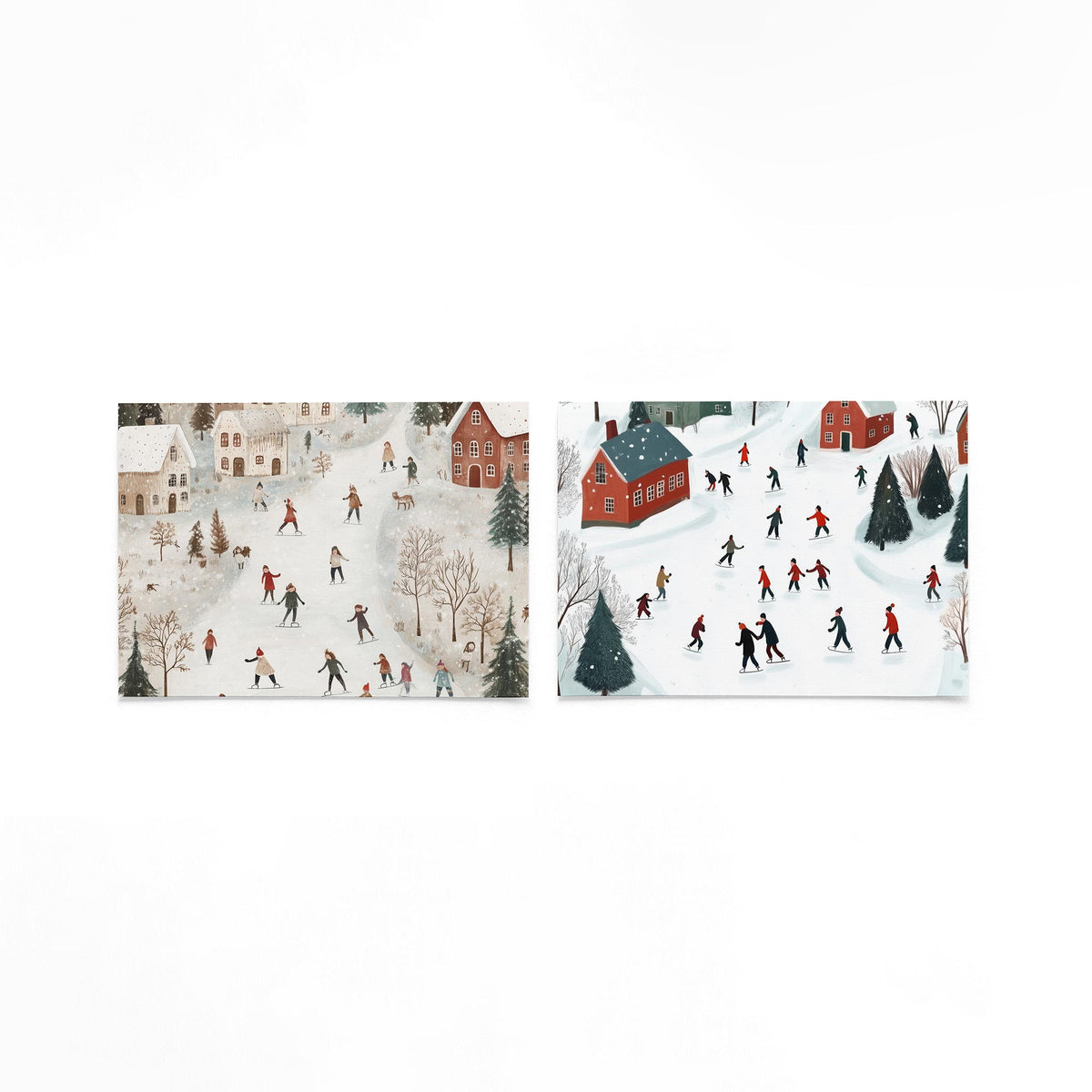 Twee liggende posters met een wintertafereel met schaatsende figuren op een kronkelende op een gebroken witte achtergrond