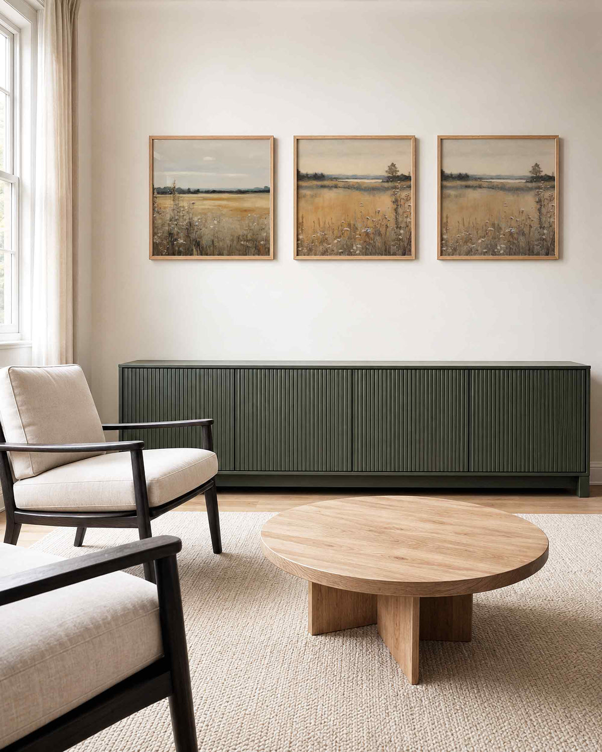 Interieurpresentatie van een driedelige vierkante posterset met gouden veldlandschap