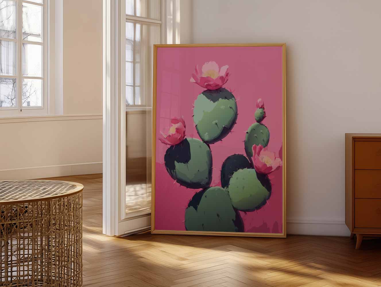 Bloeiende Cactus op Roze Achtergrond Poster