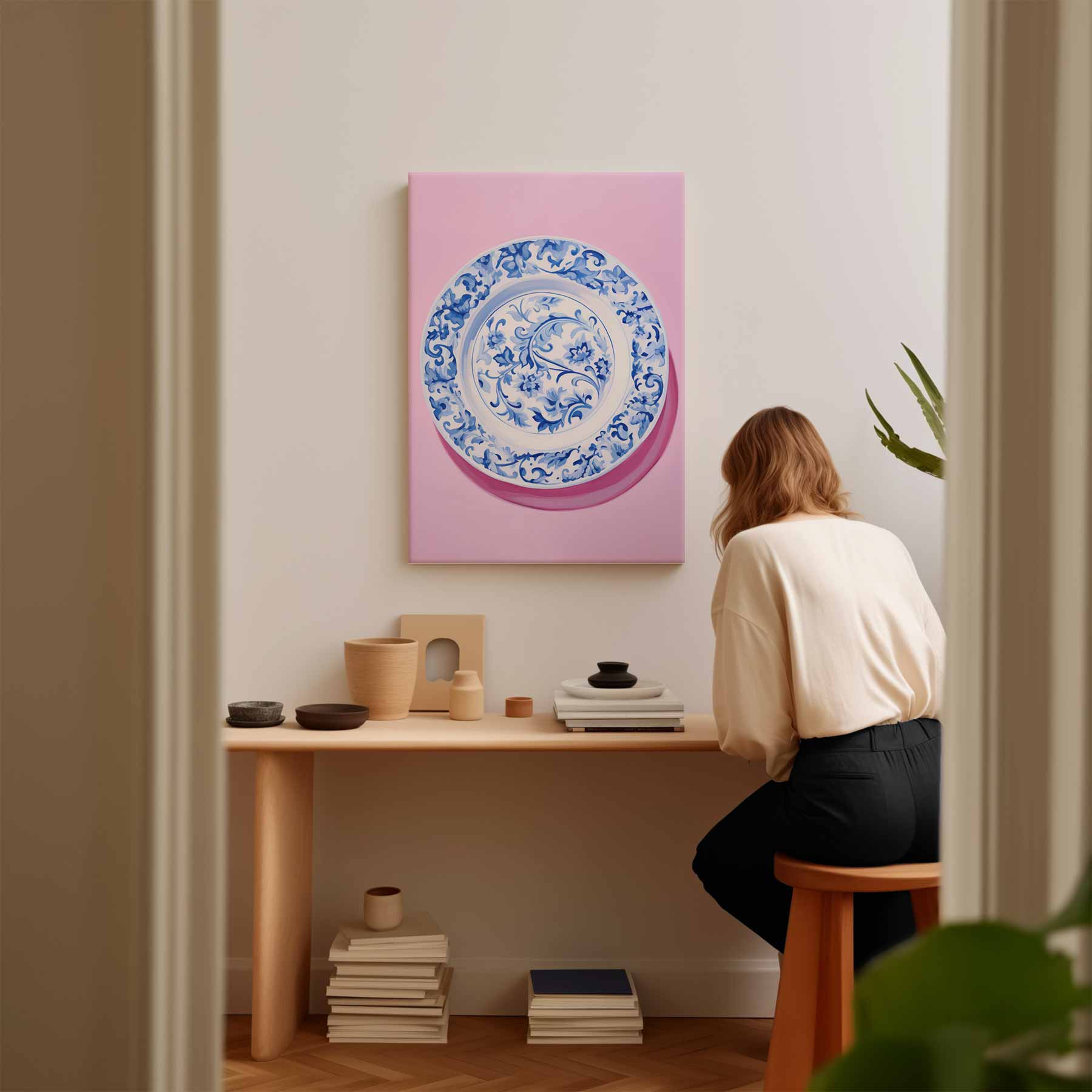 Blauwe Bloemenpracht op Roze Kunstwerk-canvas-dibond-plexiglas-wanddecoratie-WallArtistic