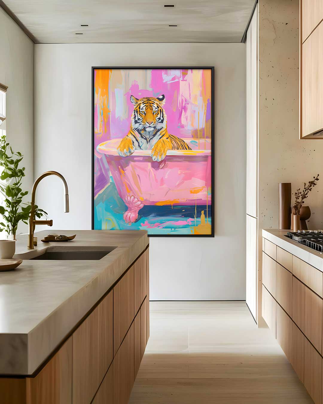 Tijger in de Roze Badkuip Kunstwerk-canvas-dibond-plexiglas-wanddecoratie-WallArtistic