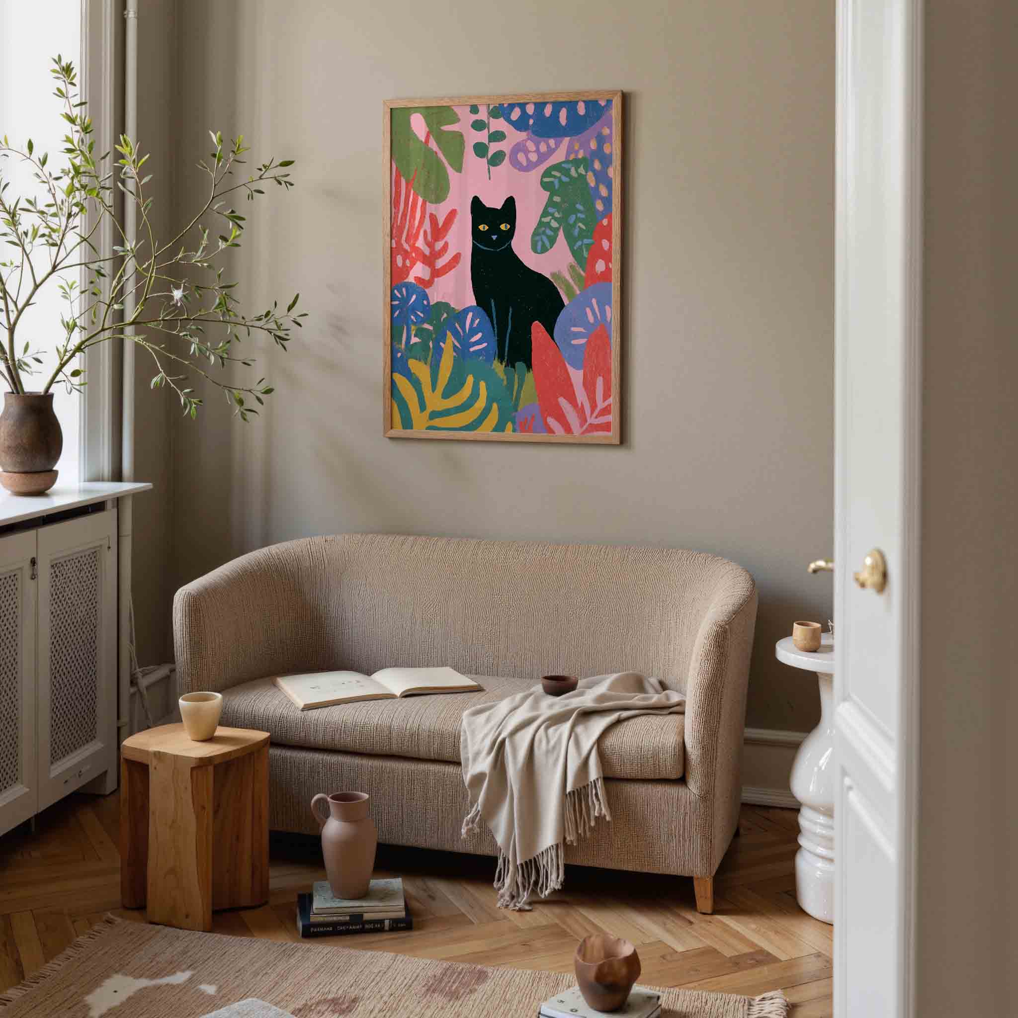 Zwarte kat en bladeren Poster