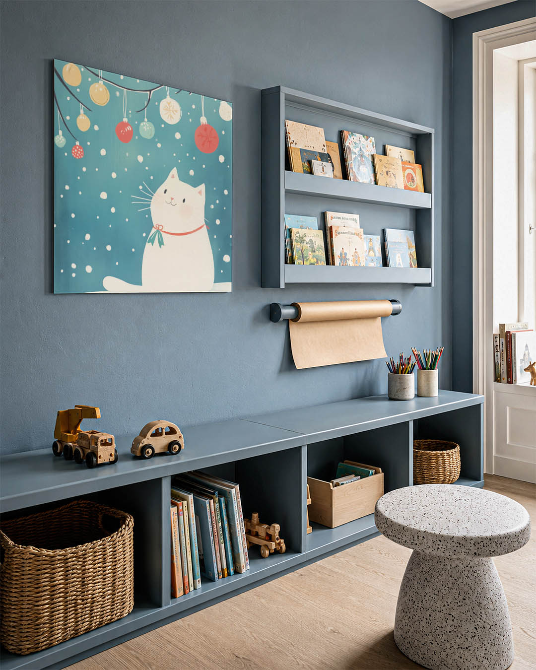 Speelse kat en sneeuwvlokken Kunstwerk