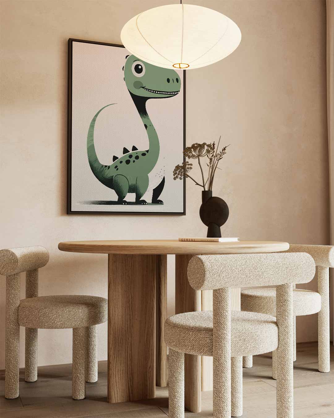 Vrolijke Groene Dino Illustratie Kunstwerk-canvas-dibond-plexiglas-wanddecoratie-WallArtistic
