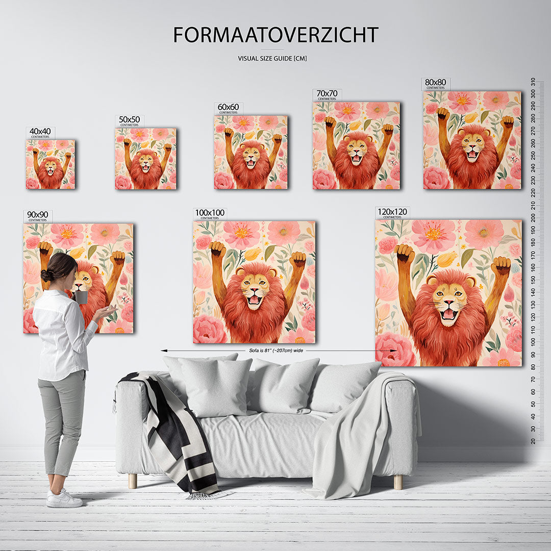 Vrolijke leeuw en bloemen Kunstwerk