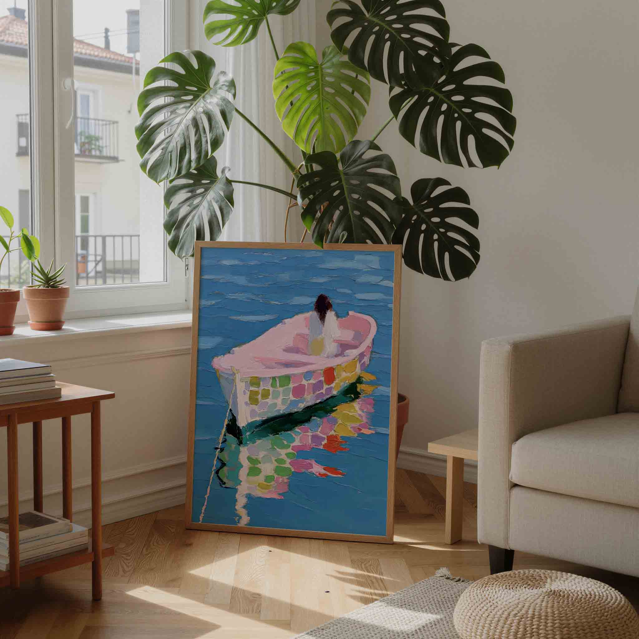 Boot op blauwe zee Poster