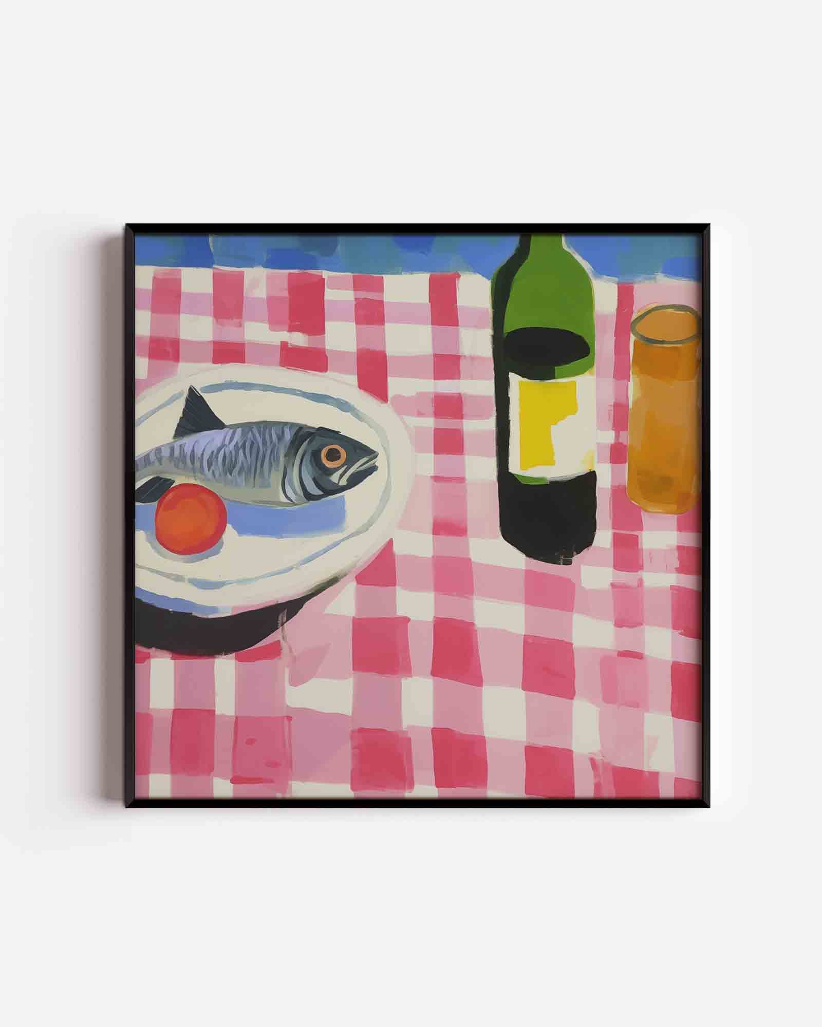 Vis en fles op tafel Poster