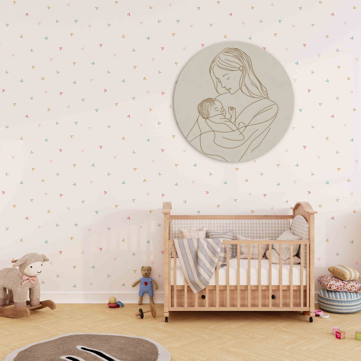 Moeder en kind Muurcirkel – derde productweergave – Een lijntekening van een moeder die een baby vasthoudt in zachte beige