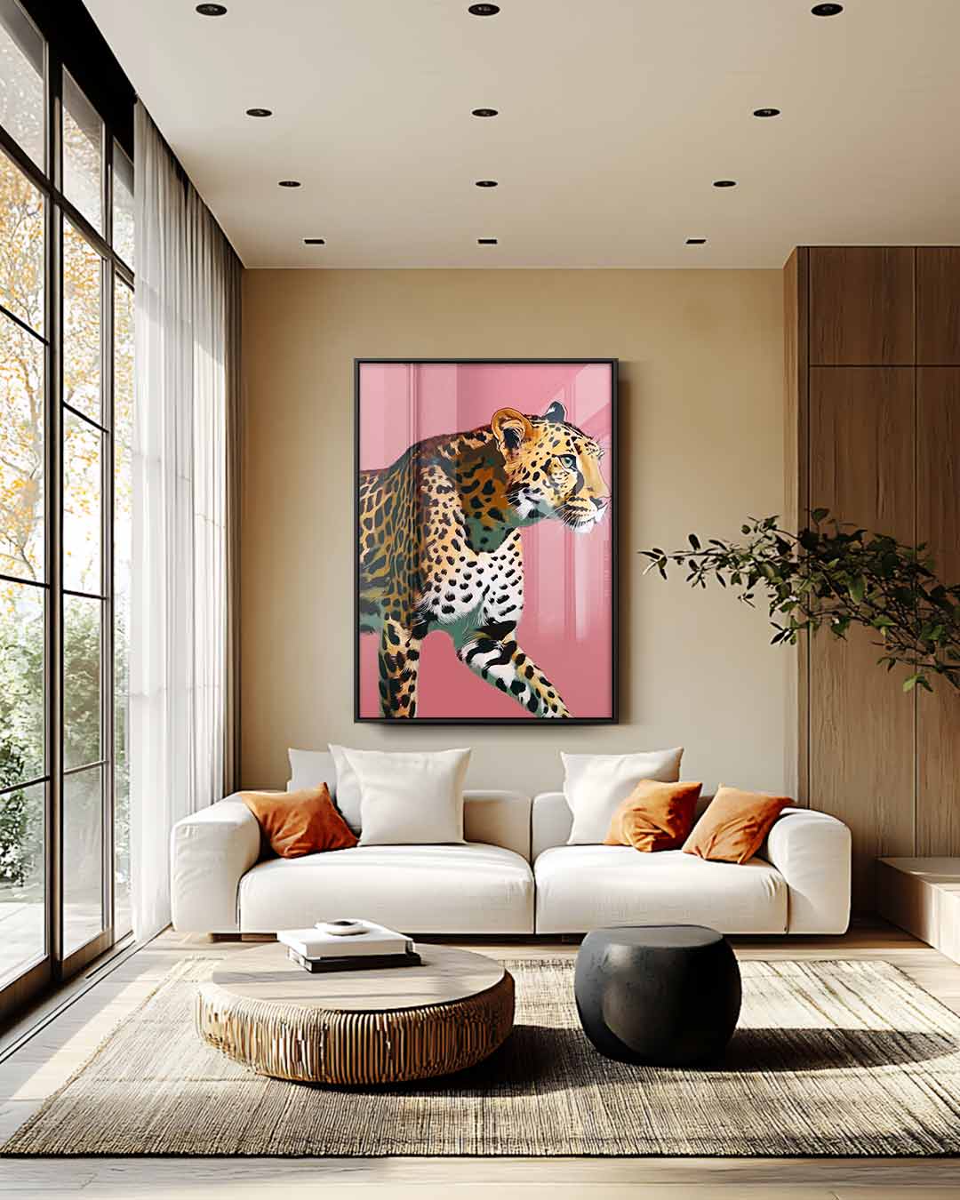 Elegante Luipaard op Roze Achtergrond Kunstwerk-canvas-dibond-plexiglas-wanddecoratie-WallArtistic