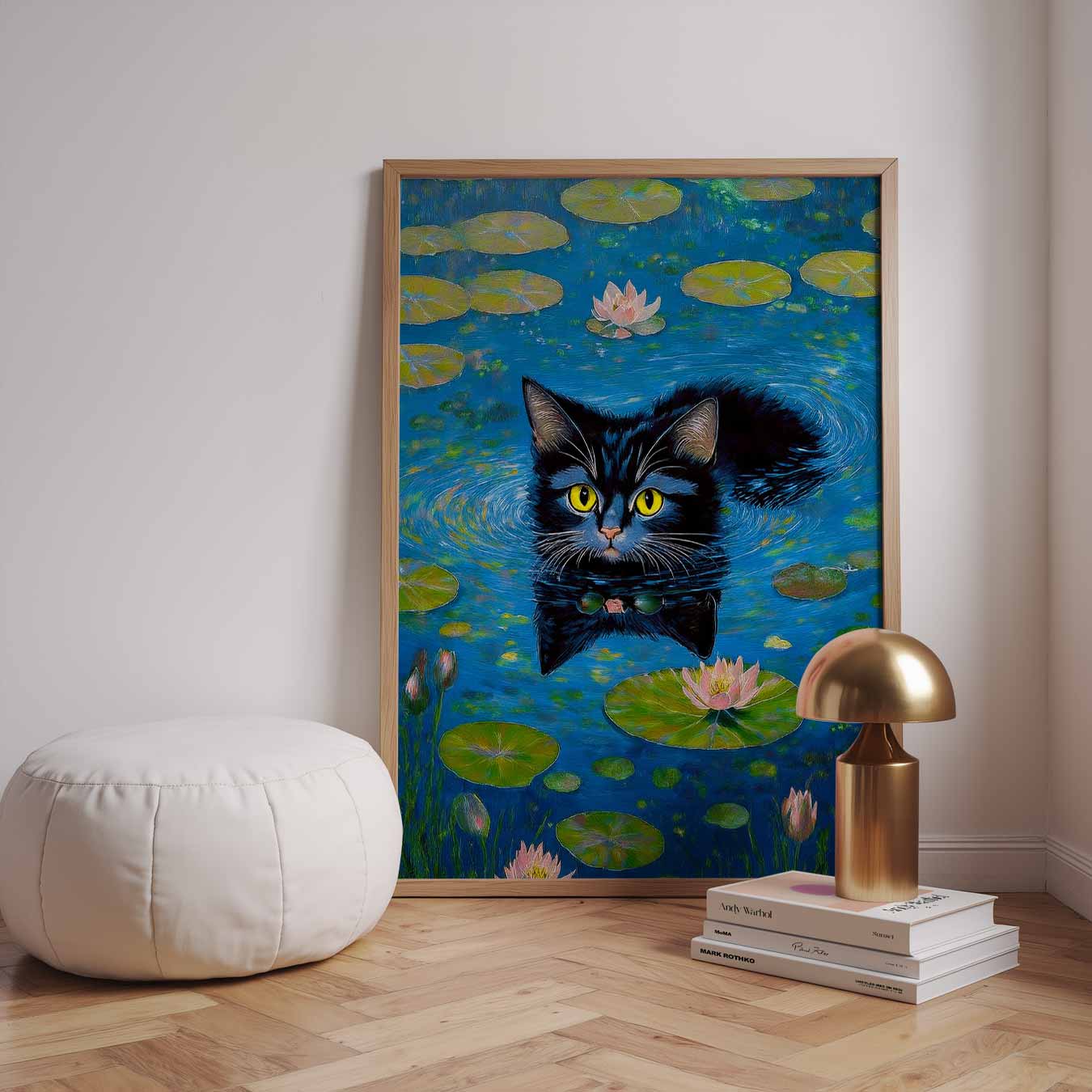 Zwemmende Kat in Waterlelies Poster