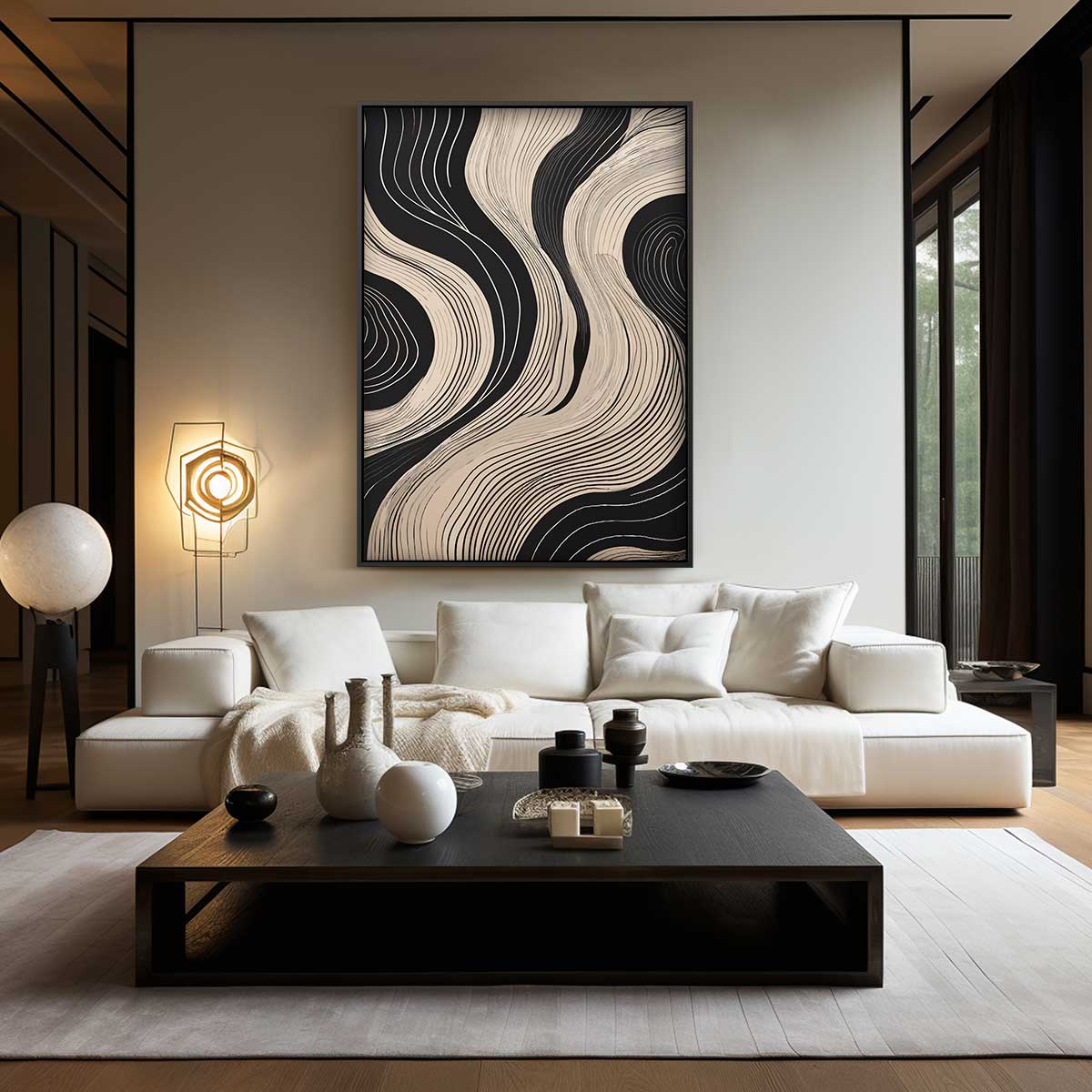 Golvende Lijnen Op Zwart Kunstwerk-canvas-dibond-plexiglas-wanddecoratie-WallArtistic