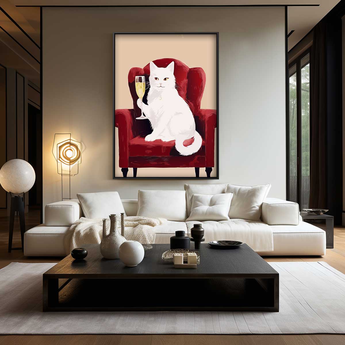 Aristocratische Kat op Rode Fauteuil Kunstwerk-canvas-dibond-plexiglas-wanddecoratie-WallArtistic