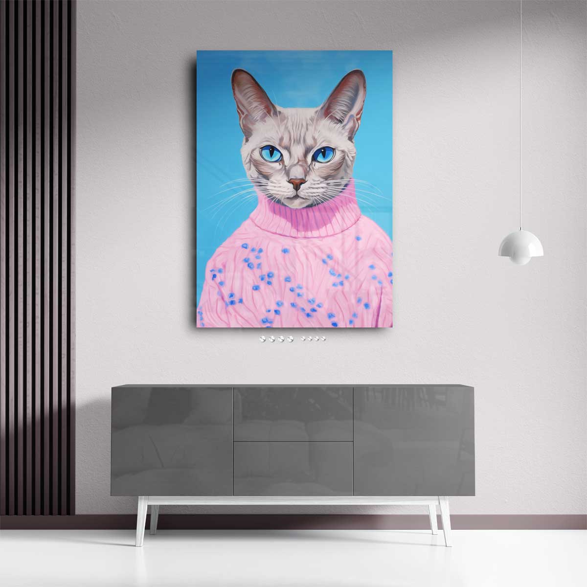 Kat in Roze Trui Portret Kunstwerk-canvas-dibond-plexiglas-wanddecoratie-WallArtistic