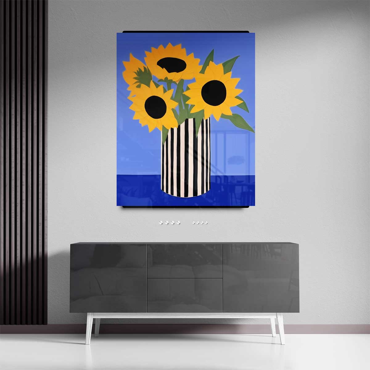 Zonnige Zonnebloemen in Streepjesvaas Kunstwerk-canvas-dibond-plexiglas-wanddecoratie-WallArtistic