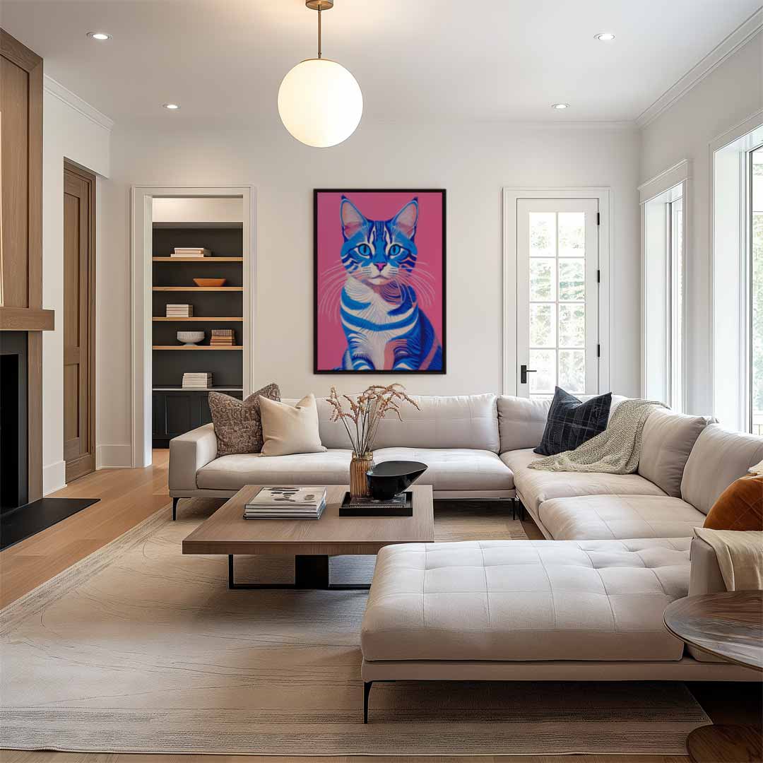 Blauw en Roze Kat Portret Kunstwerk-canvas-dibond-plexiglas-wanddecoratie-WallArtistic